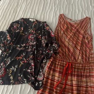 Loft Dark Gray Floral Blouse & Loft Rust Striped Sleeveless Dress Size small